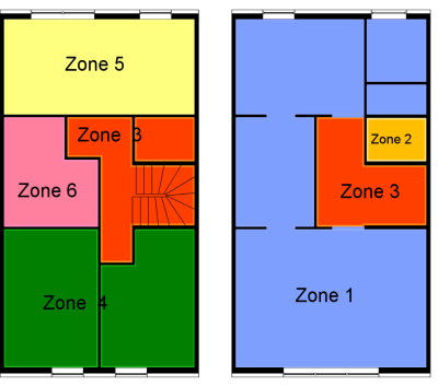 Grundriss eines zweistöckigen Hauses in Farbe, die Räumlichkeiten sind als Zonen beschriftet.