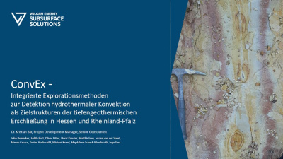 Geothermie-Forum 2022: Dr. Kristian Bär (Vulcan Energy) Geothermie-Forum 2022: Coverbild der Präsentation von Dr. Kristian Bär, Text: "ConvEx – Integrierte Explorationsmethoden zur Detektion hypothermaler Konvektion als Zielstrukturen der tiefengeothermischen Erschließung in Hessen und Rheinland-Pfalz"