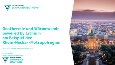 Cover der Präsentation von Dr. Kristian Bär, Text: "Geothermie und Wärmewende powered by Lithium am Beispiel der Rhein-Neckar-Metropol-Region"