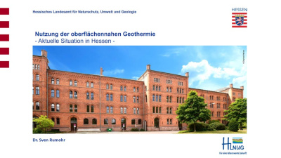 Geothermie-Forum 2022: Dr. Sven Rumohr: Nutzung der oberflächen Geothermie – Aktuelle Situation in Hessen (HLNUG) Cover der Präsentation von Dr. Sven Rumohr, Text: "Nutzung der oberflächen Geothermie – Aktuelle Situation in Hessen". Hintergrundbild: ein rotes Sandsteingebäude.