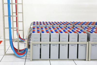Energiespeicher: Batterieanlage zur Stromspeicherung mit Leitungskabeln in rot und blau