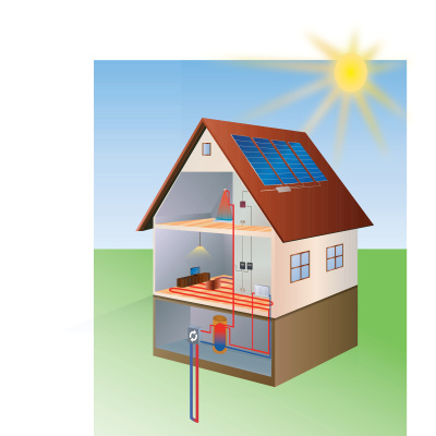 Illustration eines Wohnhauses mit Solarzellen auf dem Dach und Erdwärme-Heizpumpensystem im Keller. Die Leitungen führen vom Erdboden in den Kellerraum zum Pumpsystem, von dort in die Obergeschosse mit Fußbodenheizung und Dusche.