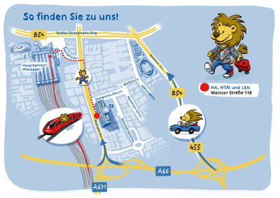 Anfahrtsplan zur LEA Hessen mit Hinweis-Illustrationen.